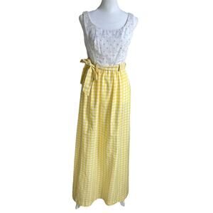 Vintage 1970s Chas L Lewis Maxi Dress Yellow Gingham Polka Dot Prairie 0 Boho